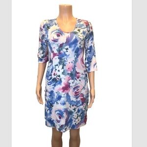 Womens Watercolor Floral Print Pocketed Half Sleeve Knee Length Shift Dress